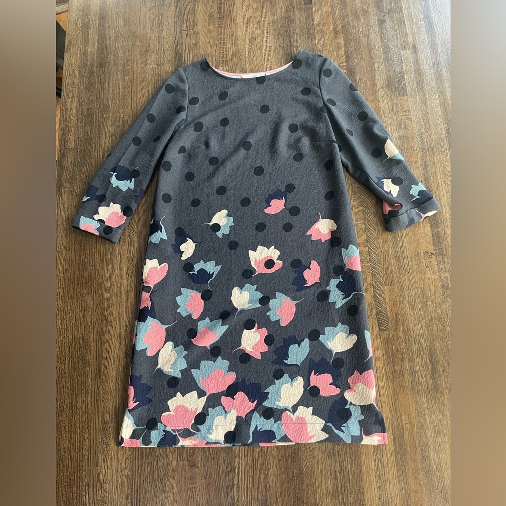 Boden Gray Floral Dress with Black, Pink, and Blue Accents